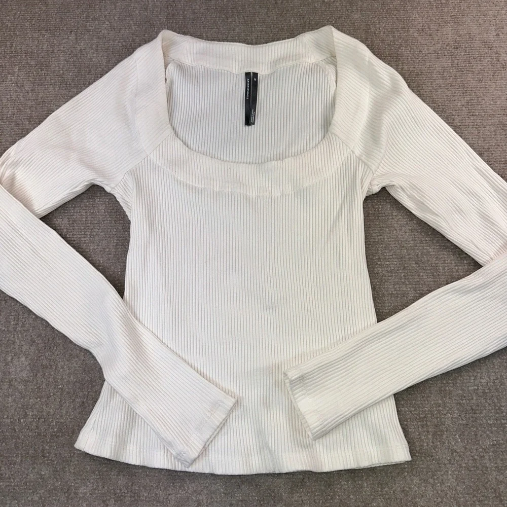 Anthropologie Ribbed Square Neck Long Sleeve Top Cream XS